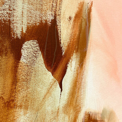 bold marks and colour fields in  ochre, peach, apricot, beige, white, green and grey across a large canvas