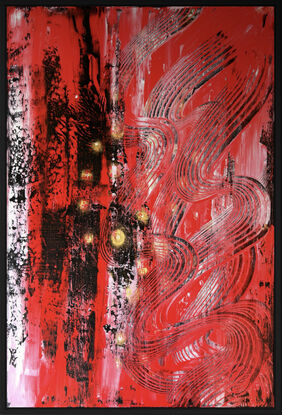 "Stars and Stripes - The Killing Fields" is a bold abstract mixed media painting featuring dominant black and red elements with shimmering gold highlights. The chaotic design uses intense colors to symbolize themes of violence, imperialism, and power struggles, critiquing global hegemony and hinting at the threat of World War III.