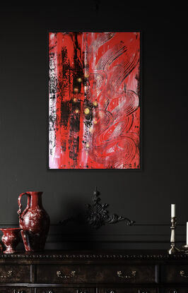 "Stars and Stripes - The Killing Fields" is a bold abstract mixed media painting featuring dominant black and red elements with shimmering gold highlights. The chaotic design uses intense colors to symbolize themes of violence, imperialism, and power struggles, critiquing global hegemony and hinting at the threat of World War III.