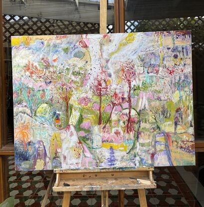 An abstract expressionist oil painting of a magnolia tree in a suburban garden, in pastel colours and white.