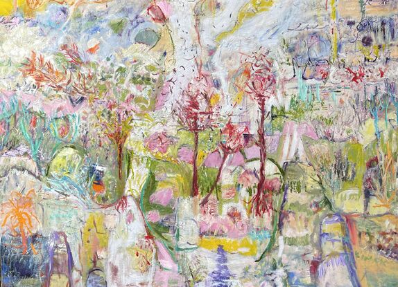 An abstract expressionist oil painting of a magnolia tree in a suburban garden, in pastel colours and white.