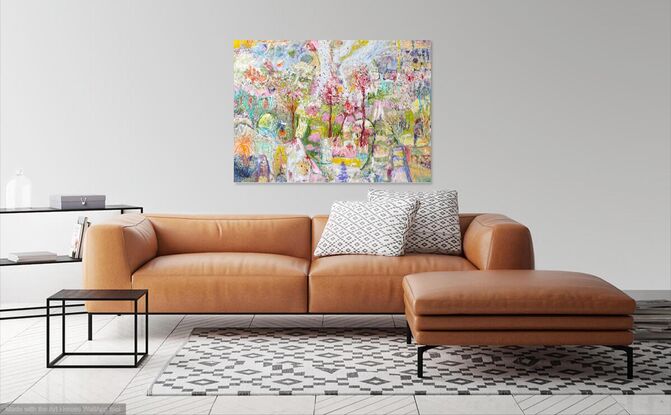 An abstract expressionist oil painting of a magnolia tree in a suburban garden, in pastel colours and white.