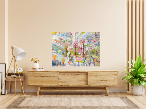 An abstract expressionist oil painting of a magnolia tree in a suburban garden, in pastel colours and white.