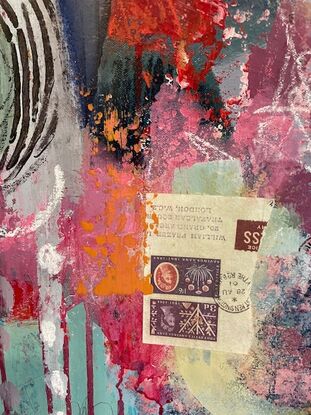 loosely painted shapes and colours coming together in a joyful painting.  I have used script and postage  stamps with the idea of sending post from home to a loved one. 