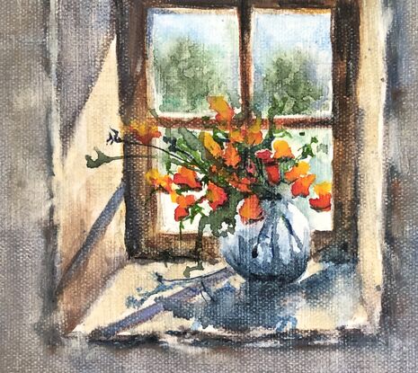 Afternoon sun lighting flowers in a vase
Window with flowers in vase