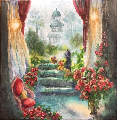 Misty garden scene
Room with Red chair and red roses 