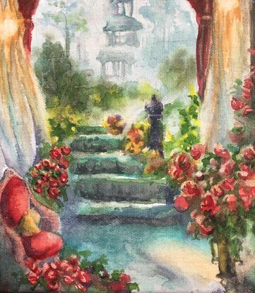 Misty garden scene
Room with Red chair and red roses 