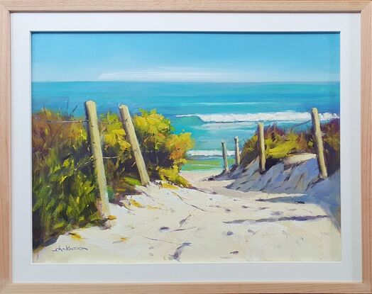 Original oil painting by John Pearson - A view down a beach pathway invites the viewer to a summer day with a turquoise ocean and a breaking wave. 