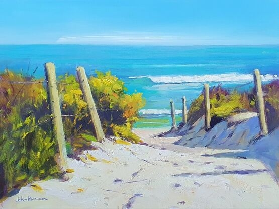 Original oil painting by John Pearson - A view down a beach pathway invites the viewer to a summer day with a turquoise ocean and a breaking wave. 