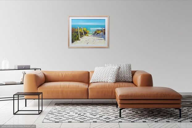 Original oil painting by John Pearson - A view down a beach pathway invites the viewer to a summer day with a turquoise ocean and a breaking wave. 