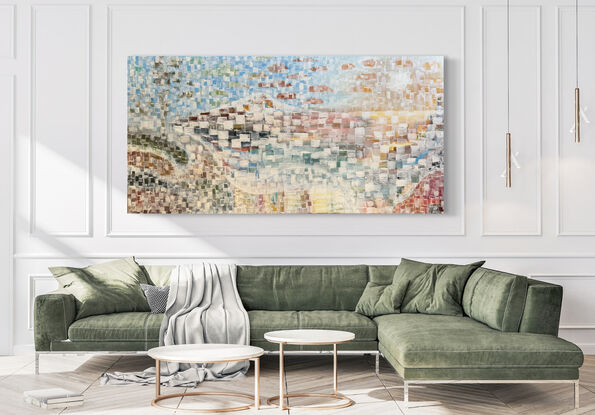 Abstract land and  seascape in bright and pastel colours. Overlaid with a white texture tile effect to give the impression of looking through textured glass.