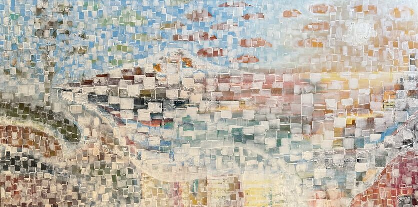 Abstract land and  seascape in bright and pastel colours. Overlaid with a white texture tile effect to give the impression of looking through textured glass.