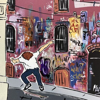 A simplistic modern take on iconic Hosier Lane Melbourne including cyclist 