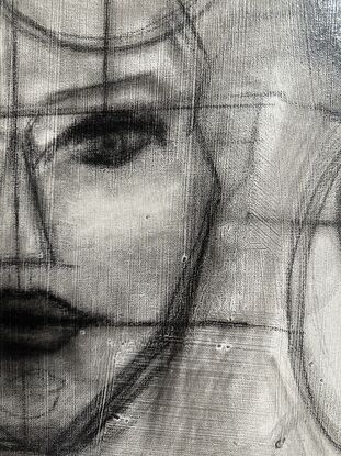 Charcoal and pastels. Black and white. Face sketching. Guidelines for sketching.
Raw and unfinished. Messy. 