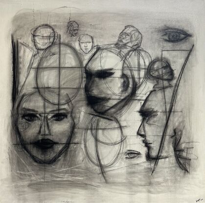 Charcoal and pastels. Black and white. Face sketching. Guidelines for sketching.
Raw and unfinished. Messy. 