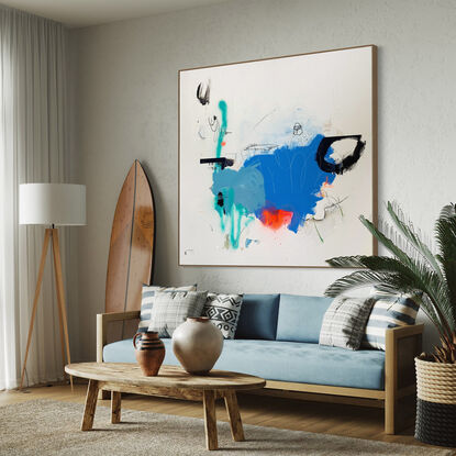 Large abstract of textured acrylic paint, ink, charcoal & pastel on a weathered ground of earthy, warm eggshell gray with steel blue, light teal green, vibrant flouro red with bold black linework.