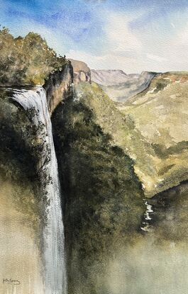 watercolour by professional artist. A stunning painting of a waterfall at Fitzroy Falls NSW