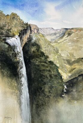 watercolour by professional artist. A stunning painting of a waterfall at Fitzroy Falls NSW