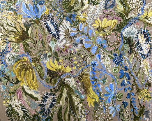  foliage and flowers with blue and lemon on Natural Linen