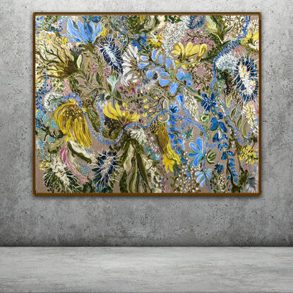  foliage and flowers with blue and lemon on Natural Linen