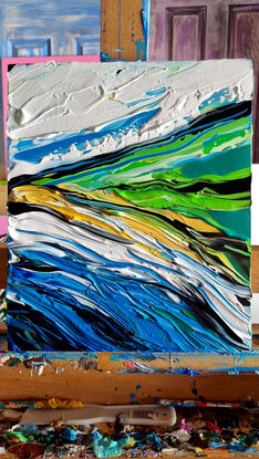 Dark blue colours with ocean rocks and a bay, green hills. Painted in expressive abstract strokes. 

