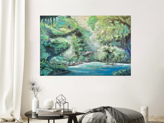 Jungle Jacuzzi

Dimensions: 150x100cm
Medium: Stretched canvas, acrylic, gloss varnish, signed

Dive into the whimsical world of “Jungle Jacuzzi,” where a serene blue lagoon serves as nature’s ultimate spa. 
This  piece features lush green formations and dangling plants that invite you to relax and unwind. Soft trees with glowing openings create a magical ambiance, while palms in the foreground stand ready to fan you with their leaves.
 A sprinkle of vibrant pink plants adds a touch of fun to this enchanting landscape. 
Perfect for adding a splash of tranquility to your space, “Jungle Jacuzzi” is a tropical escape like no other.