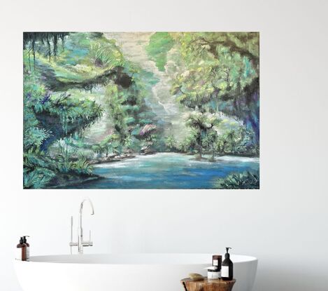 Jungle Jacuzzi

Dimensions: 150x100cm
Medium: Stretched canvas, acrylic, gloss varnish, signed

Dive into the whimsical world of “Jungle Jacuzzi,” where a serene blue lagoon serves as nature’s ultimate spa. 
This  piece features lush green formations and dangling plants that invite you to relax and unwind. Soft trees with glowing openings create a magical ambiance, while palms in the foreground stand ready to fan you with their leaves.
 A sprinkle of vibrant pink plants adds a touch of fun to this enchanting landscape. 
Perfect for adding a splash of tranquility to your space, “Jungle Jacuzzi” is a tropical escape like no other.