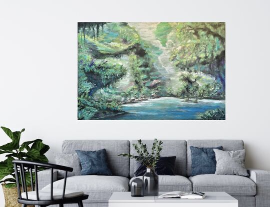 Jungle Jacuzzi

Dimensions: 150x100cm
Medium: Stretched canvas, acrylic, gloss varnish, signed

Dive into the whimsical world of “Jungle Jacuzzi,” where a serene blue lagoon serves as nature’s ultimate spa. 
This  piece features lush green formations and dangling plants that invite you to relax and unwind. Soft trees with glowing openings create a magical ambiance, while palms in the foreground stand ready to fan you with their leaves.
 A sprinkle of vibrant pink plants adds a touch of fun to this enchanting landscape. 
Perfect for adding a splash of tranquility to your space, “Jungle Jacuzzi” is a tropical escape like no other.