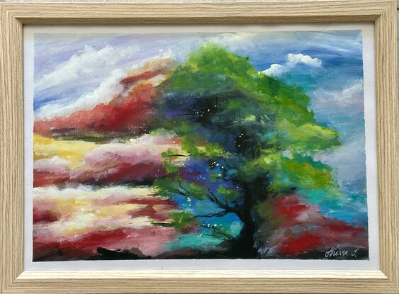 Dancing with the Clouds

This captivating painting, elegantly framed, captures the wild beauty of nature's dance.
 A resilient green tree, bending sideways in the wind, takes centre stage,  swaying with dynamic energy. 

The backdrop is a dramatic symphony of fiery clouds, ablaze with shades of red, orange, and gold, casting an enchanting glow across the scene. 

Tiny, luminous specks flutter around the tree like fireflies, adding a touch of whimsy and magic to the composition. 
These delicate lights seem to dance in harmony with the tree, creating a mesmerizing interplay between the elements. 

"Dancing with the Clouds" is a visual ode to the raw power and delicate grace of nature, inviting viewers to lose themselves in its tempestuous yet serene embrace. 

This piece will undoubtedly bring a sense of movement and wonder to any space it touches .