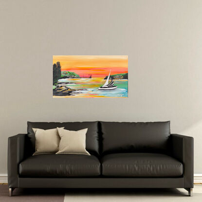 "My painting depicts a captivating scene of a sunset sky, characterized by the vibrant and brilliant shades of fluorescent pink and orange, reminiscent of a sweet mango. The sky is adorned with streaks of white, creating a mesmerizing display. The painting focuses on the serene and picturesque waters of Port Campbell, where the sunset's radiant hues are beautifully reflected. The sparkling blue waters mirror the breathtaking spectacle above, enhancing the overall color palette and adding depth to the composition. This vibrant and colorful depiction of the sunset and its reflection on the water is not only a visual treat but also serves as a symbolic representation of Port Campbell as a popular tourist attraction. The painting encapsulates the enchanting beauty of this coastal town, enticing viewers to immerse themselves in its scenic splendors." 
Comes with a certificate of authenticity 
And varnished for protection 
