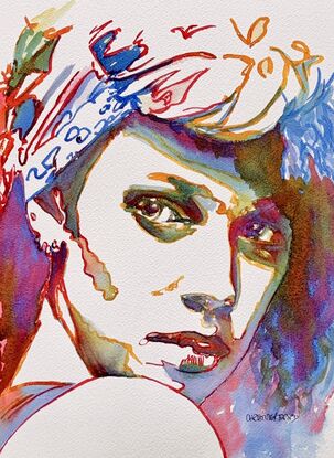 "A Questioning Look" by Christine Beard is a dynamic watercolor portrait that captures the intensity of human emotion through bold and expressive brushwork. The vibrant colors and fluid lines convey a sense of inner turmoil and contemplation, drawing viewers into the subject's gaze. This piece exemplifies the artist's ability to blend contemporary techniques with a deep understanding of emotional depth, making it a striking addition to any modern art collection. The work invites viewers to connect with the raw and unfiltered emotions of the subject, making it a powerful statement in visual storytelling.






