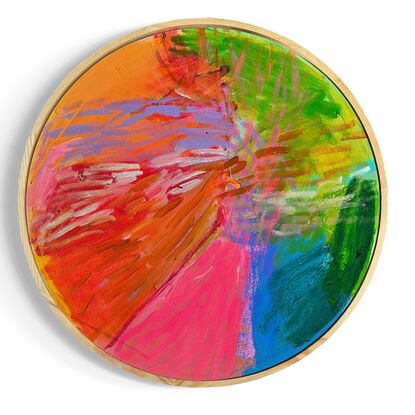 A circle shaped canvas with raw pine frame. 
A smaller artwork full of colour and neon brights. Bring joy to any room with this artwork. 