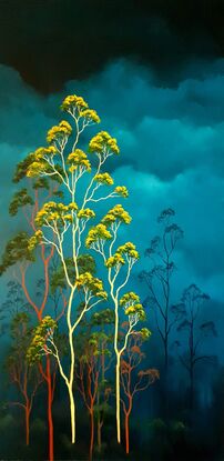 Australian landscape with aqua sky and gold, red and beige gum trees in the tree canopy above,  Lucinda Leveille, original artwork,  Australiana