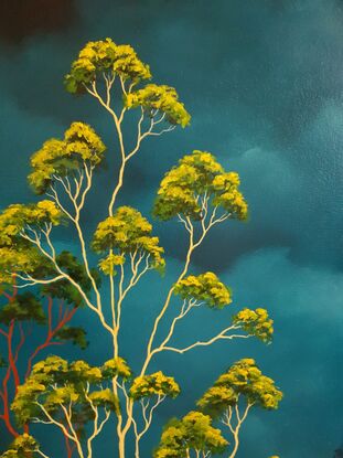 Australian landscape with aqua sky and gold, red and beige gum trees in the tree canopy above,  Lucinda Leveille, original artwork,  Australiana