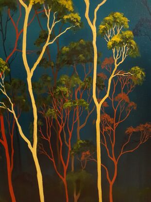 Australian landscape with aqua sky and gold, red and beige gum trees in the tree canopy above,  Lucinda Leveille, original artwork,  Australiana