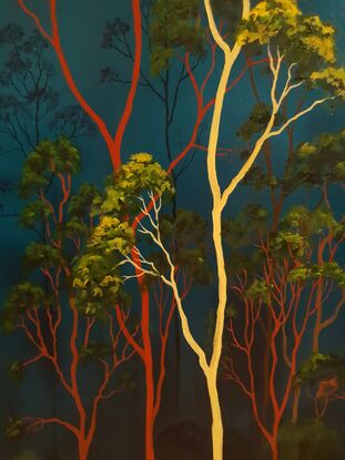 Australian landscape with aqua sky and gold, red and beige gum trees in the tree canopy above,  Lucinda Leveille, original artwork,  Australiana