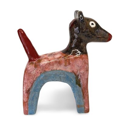 This stoneware sculpture features a stylised puppy distinguished by its vibrant, multi-colored glaze and  large ears and a pronounced snout. The colour and simple form highlight the fun nature of the piece.