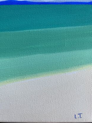 A simplified painting of the ocean from the sandy beach, with colour blocks gradually getting darker in the distance. There is blue land on the horizon and sailing boats in the distance with a ribbon of grey and white cloud in the blue sky.