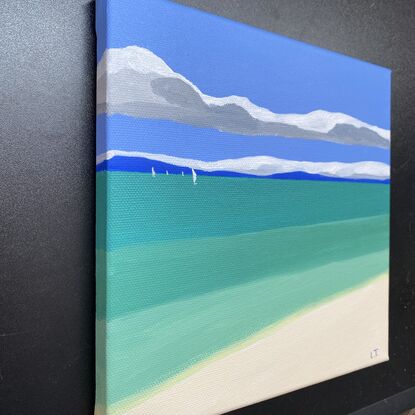 A simplified painting of the ocean from the sandy beach, with colour blocks gradually getting darker in the distance. There is blue land on the horizon and sailing boats in the distance with a ribbon of grey and white cloud in the blue sky.