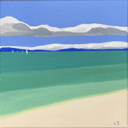 A simplified painting of the ocean from the sandy beach, with colour blocks gradually getting darker in the distance. There is blue land on the horizon and sailing boats in the distance with a ribbon of grey and white cloud in the blue sky.