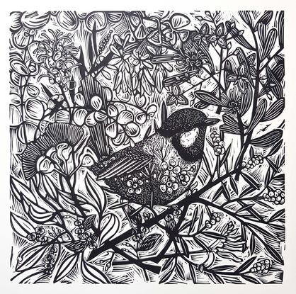 Blue wren and flower linocut