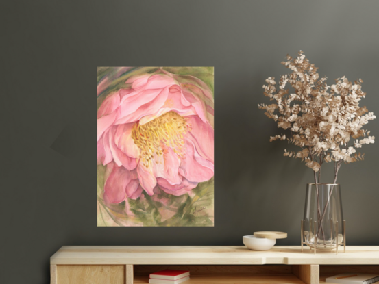 Large pink Camellia flower with yellow stamens and an olive abstract background.