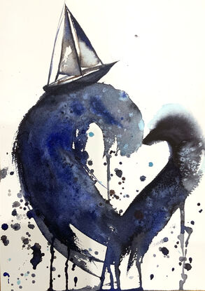 “My Sailing Heart” by Sydney artist Leni Kae is a watercolour seascape painting featuring large waves in a heart shape, with a sailboat on top; carrying symbolism of love, the search for love and new journeys of the heart. Indigo, deep blue, and light blue tones. 