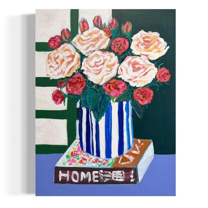 A home book with beautiful rose in the blue and white vase. 