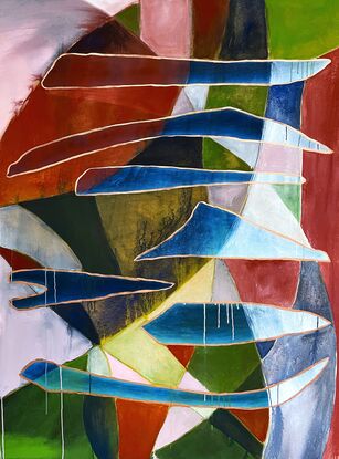 Abstract forms outlined in bronze pigment on an abstract ground in red and blue.