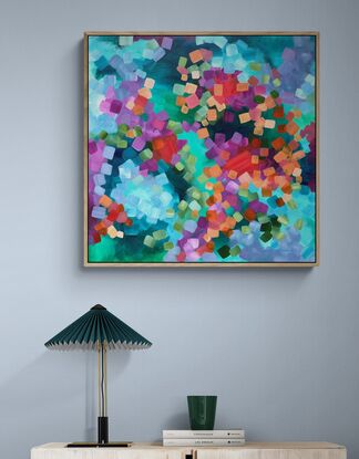 An impressionist landscape of colour, inspired by a floral garden.  Mark making, in deep hues of blue and green, lifted in lighter tones with bold brush strokes and scumbling, apricot, green, deep and light lilacs purple and blue. A light impression creating an out of focus perspective of a garden.