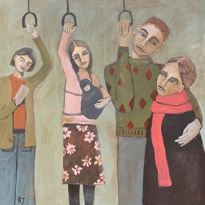 The painting depicts four people standing in a row. They are on a train or a tram. 