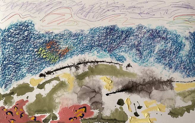 Four elements, paint, pencil, ink and crayon combine to form the landscape.