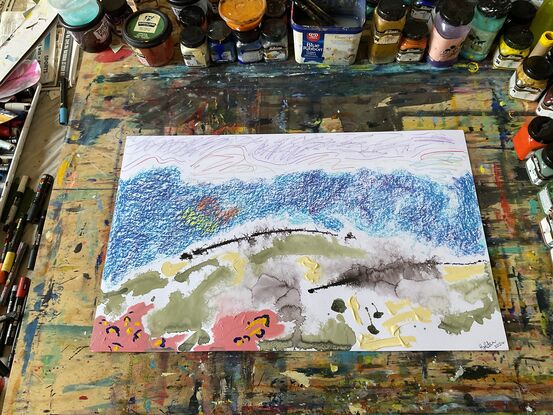 Four elements, paint, pencil, ink and crayon combine to form the landscape.