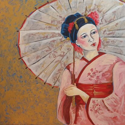 Geisha looking into the distance with an Umbrella in her hand and wearing a cherry blossom kimono.